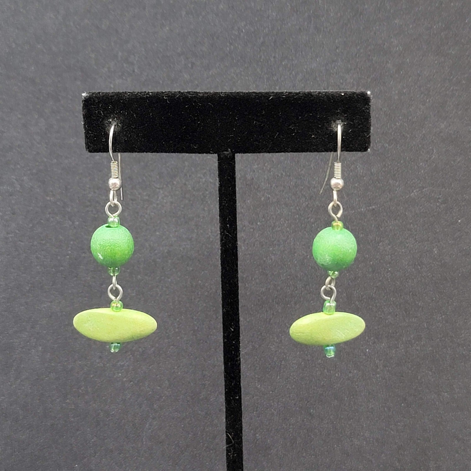 Pierced Earrings Silver tone Green Wood Bead Dangle 1.5"