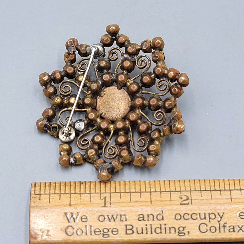 Antique Purple Rhinestone Filigree Brooch Gold tone Flower 2 in
