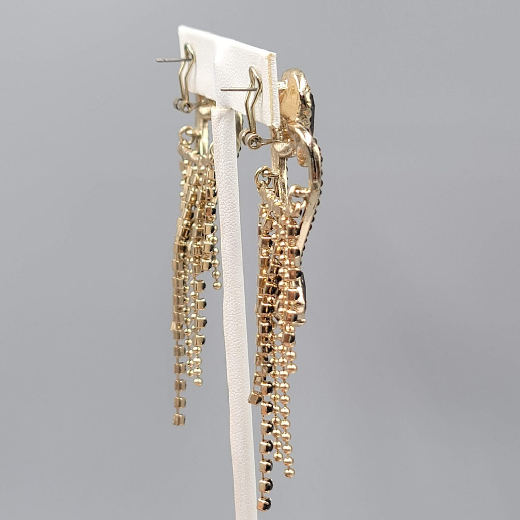 Statement Pierced Earrings Gold tone Black Rhinestone Chandelier Long 3.25"