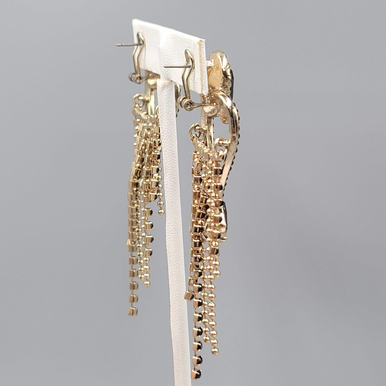 Statement Pierced Earrings Gold tone Black Rhinestone Chandelier Long 3.25"