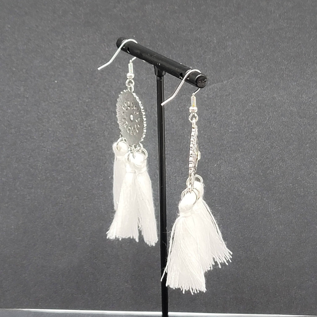 Pierced Earrings Silver tone Enamel Medallion Round Dangle White Tassel 2.5"