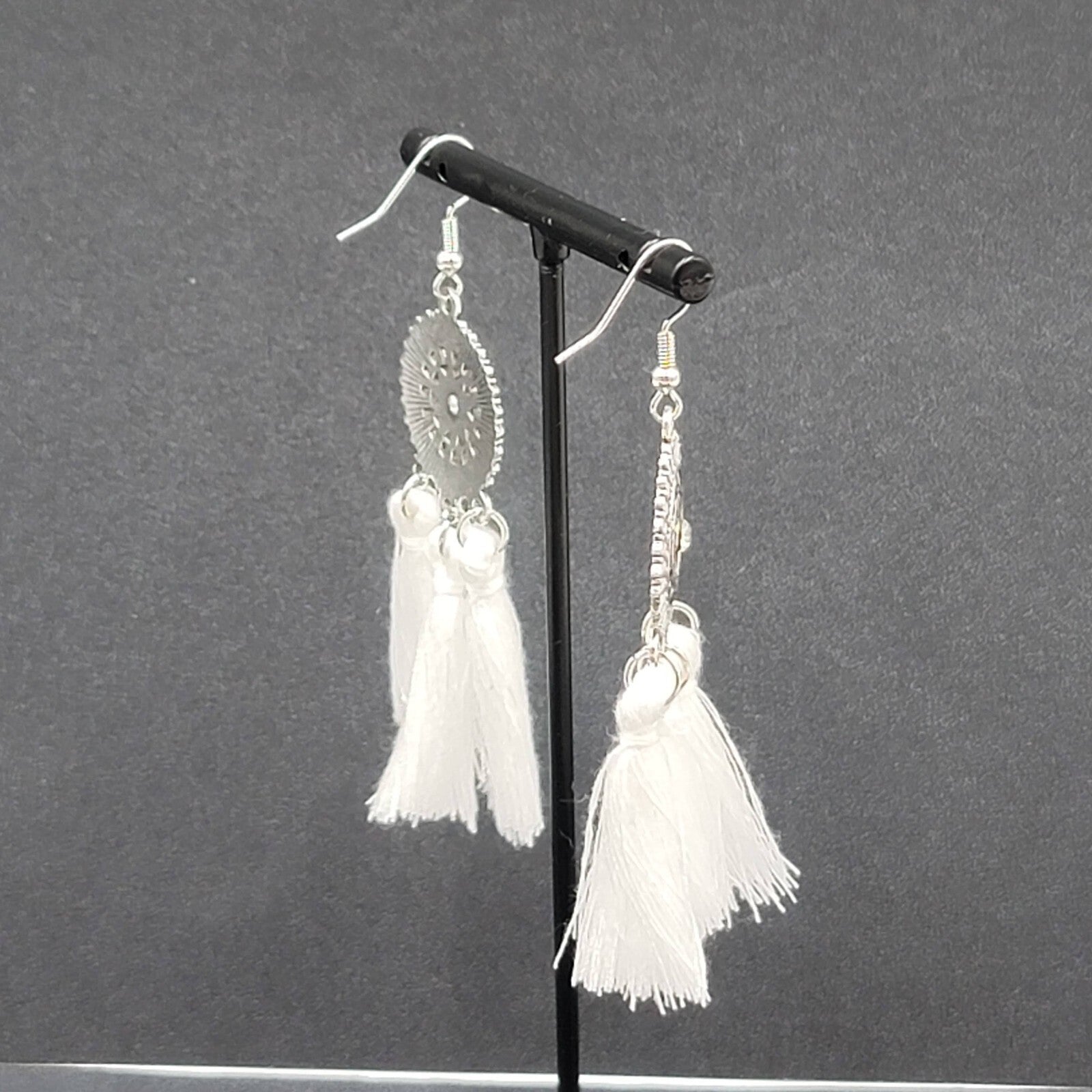 Pierced Earrings Silver tone Enamel Medallion Round Dangle White Tassel 2.5"