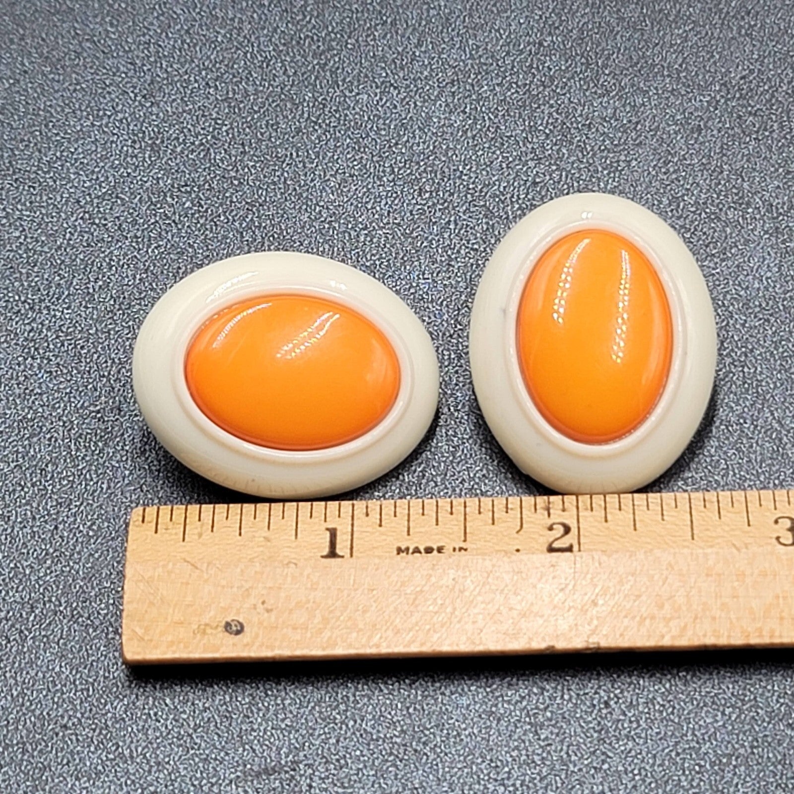 Vintage Clip on Earrings Plastic White Orange Oval Drop  1 3/8"