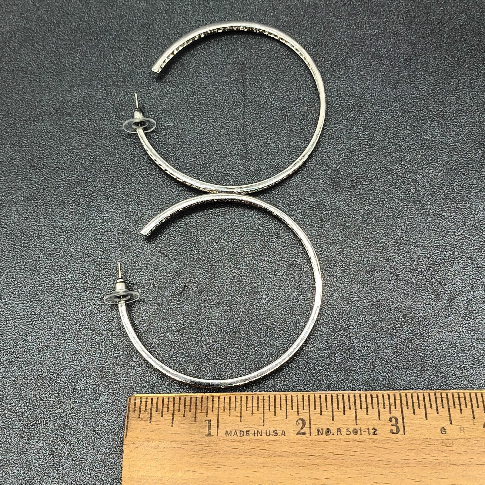 Pierced Earrings Silver tone Inside Outside Rhinestone Hoop 2 1/4"