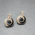 Pierced Earrings Silver tone Black Enamel Rhinestone Drop 1"