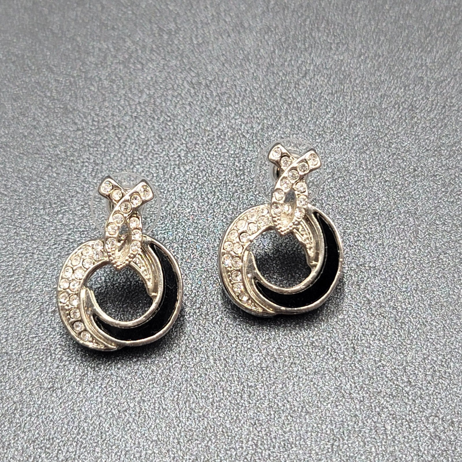 Pierced Earrings Silver tone Black Enamel Rhinestone Drop 1"