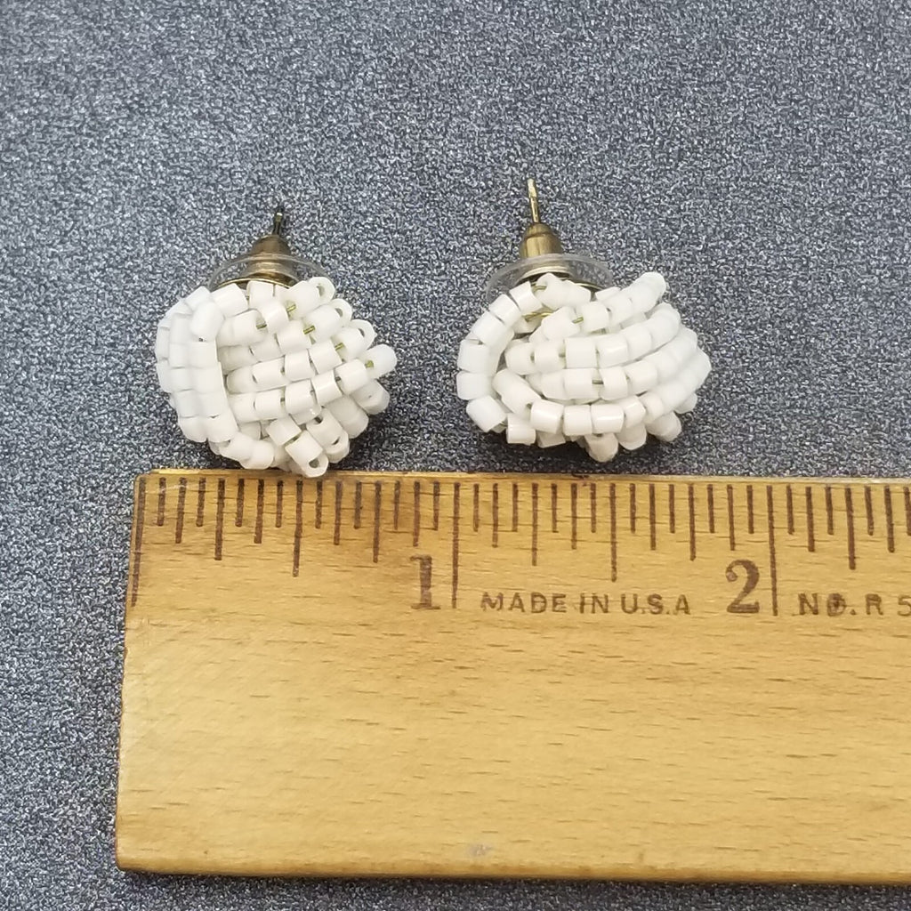 Vintage Pierced Earrings White Beaded Cluster Knot Stud 5/8"