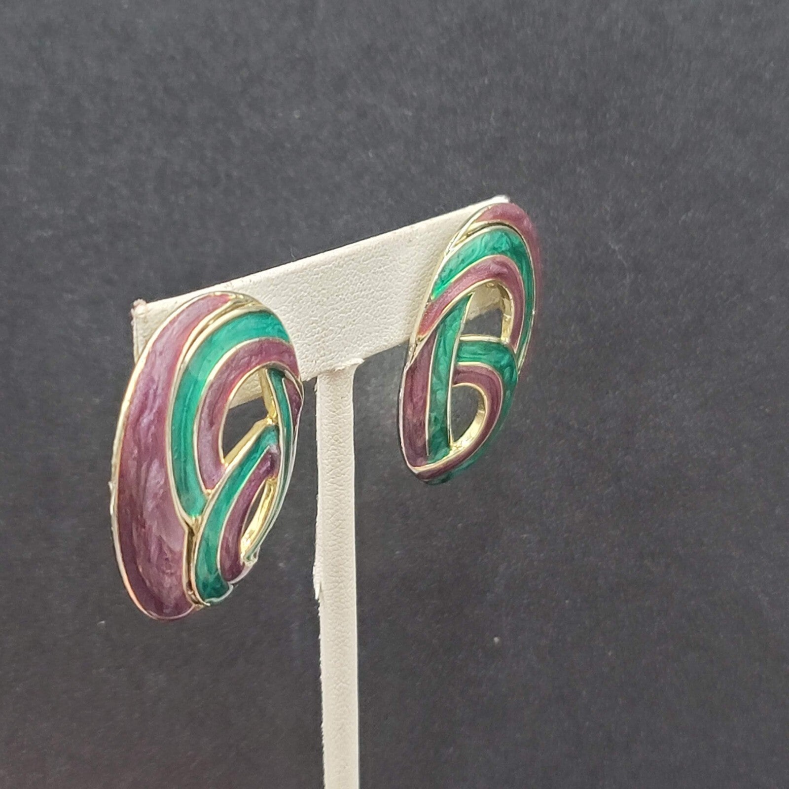 Vintage Pierced Earrings Purple Teal Blue Swirl Enamel Gold tone Drop 1.5"