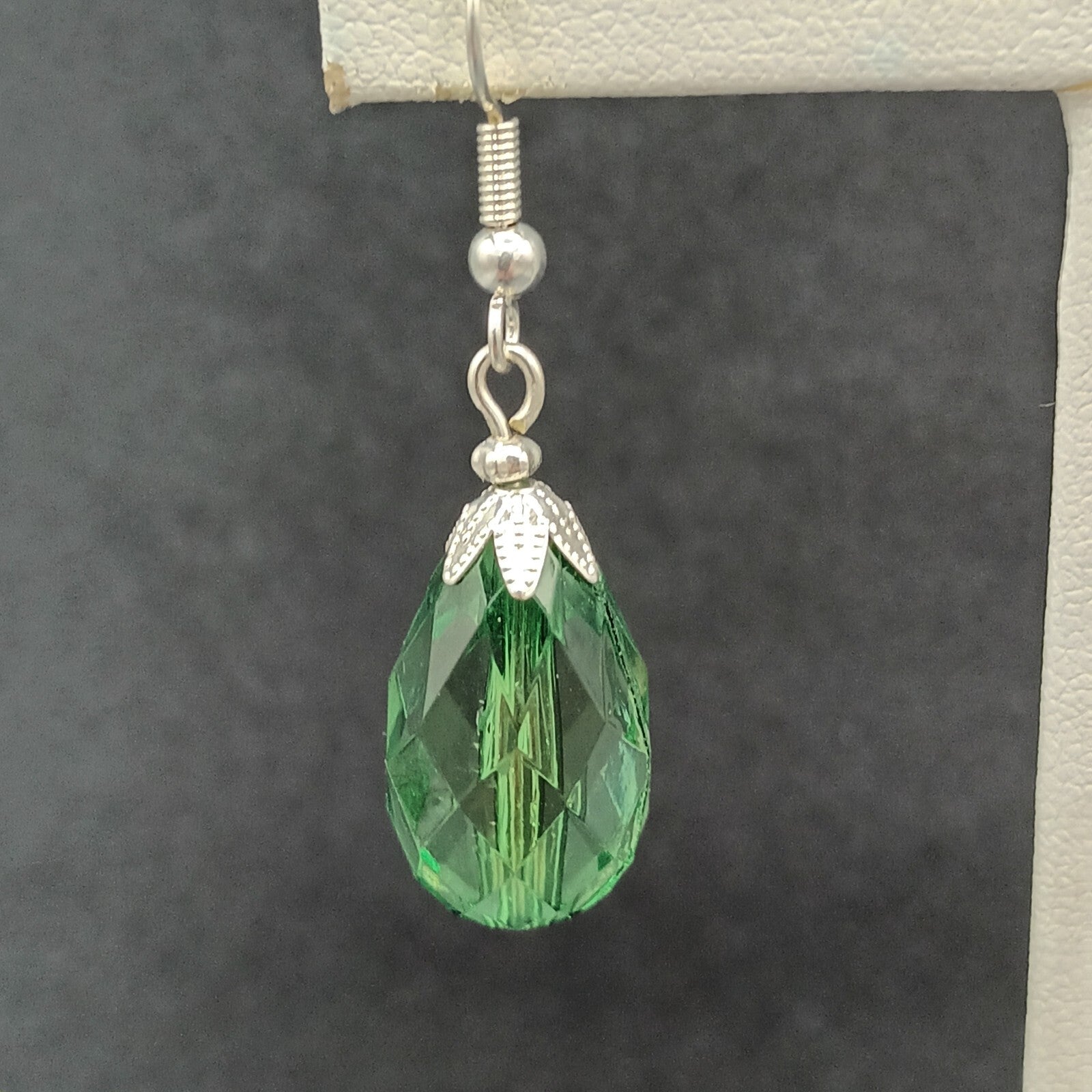 Pierced Earrings Silver tone Acrylic Green Faceted Teardrop Dangle 1"