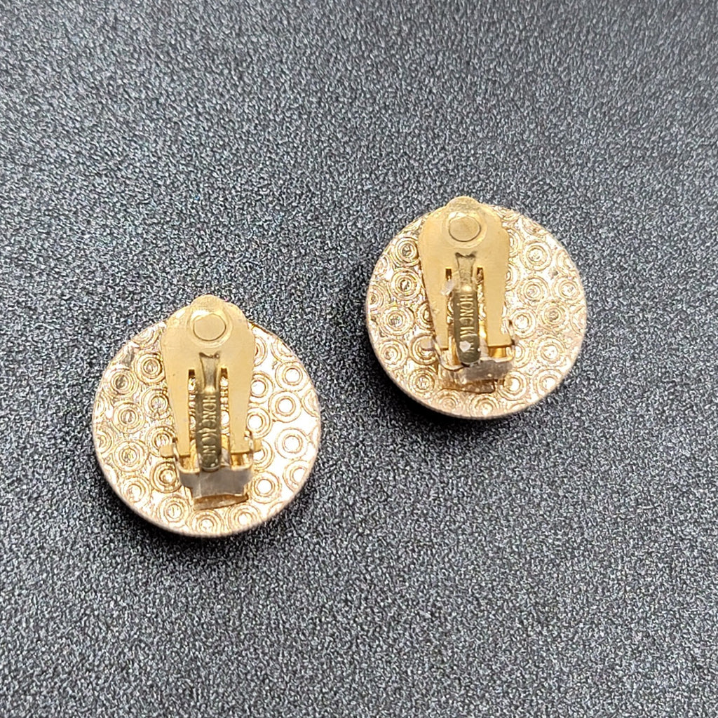 Vintage Clip on Earrings Gold tone Red White Dome Round Studs Hong Kong 7/8"