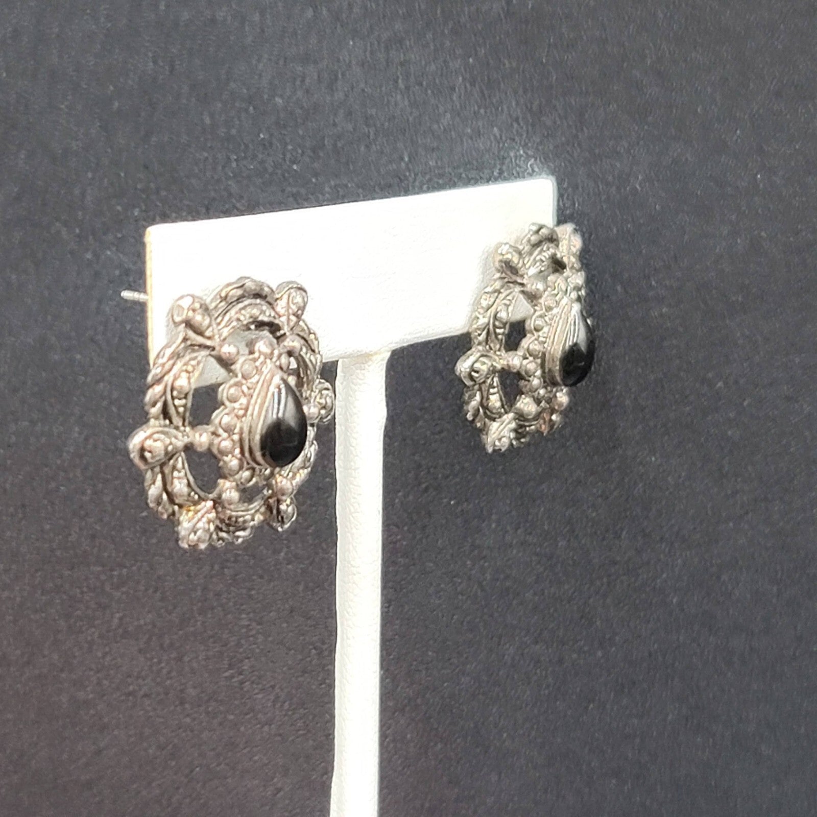 Vintage Pierced Earrings Silver tone Black Teardrop Stone Embossed Drop 1.75"