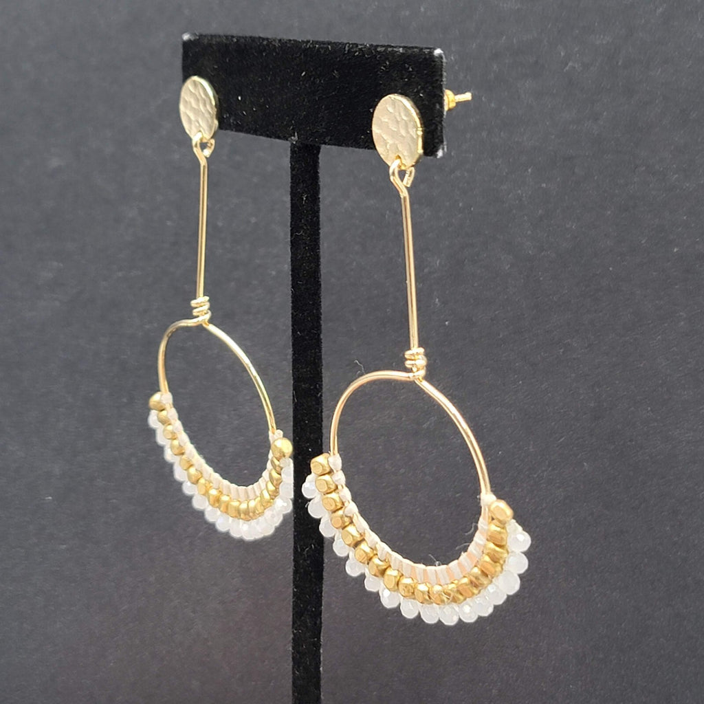 Quartz Stone Bead Pierced Earrings Long Gold tone Dangle 3"