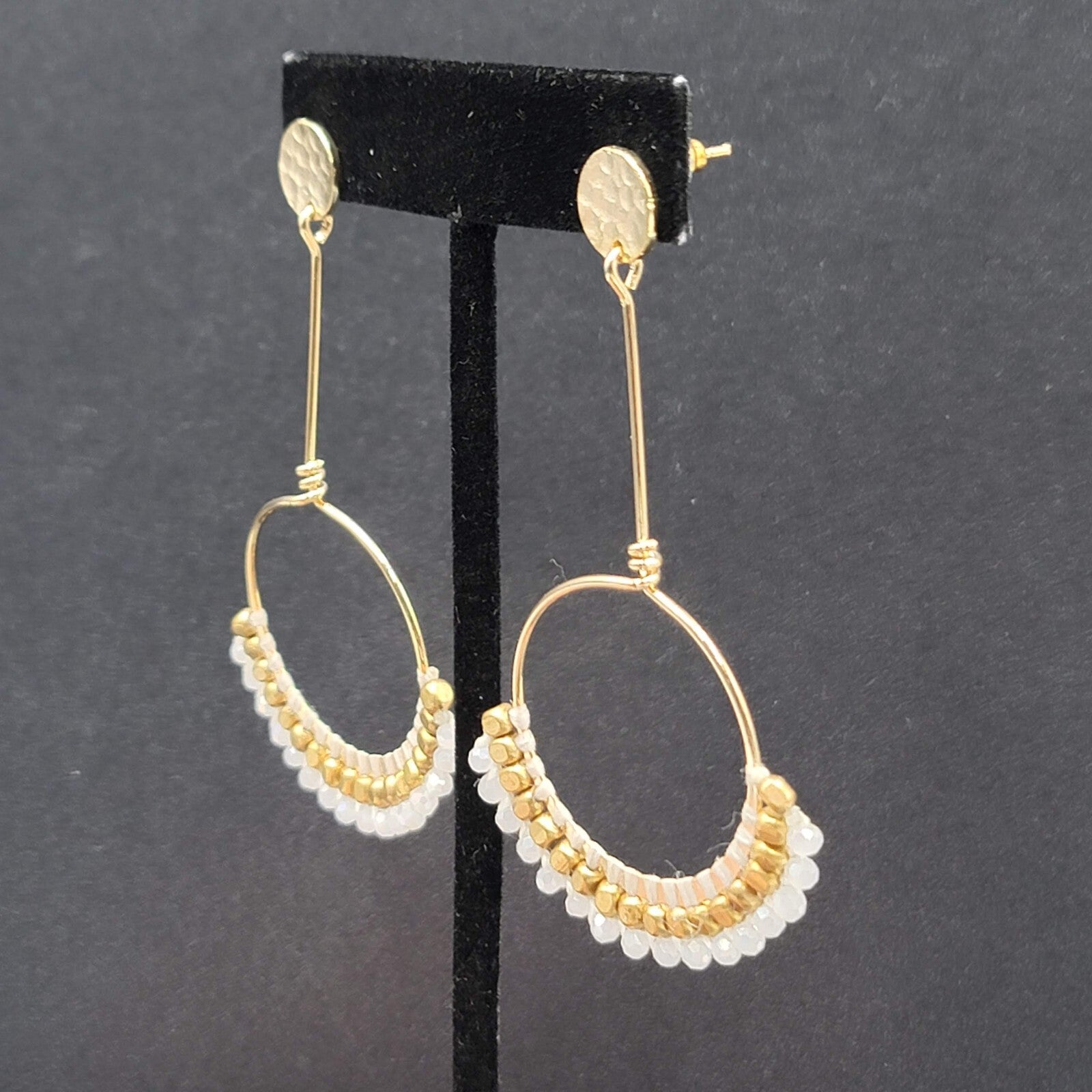 Quartz Stone Bead Pierced Earrings Long Gold tone Dangle 3"