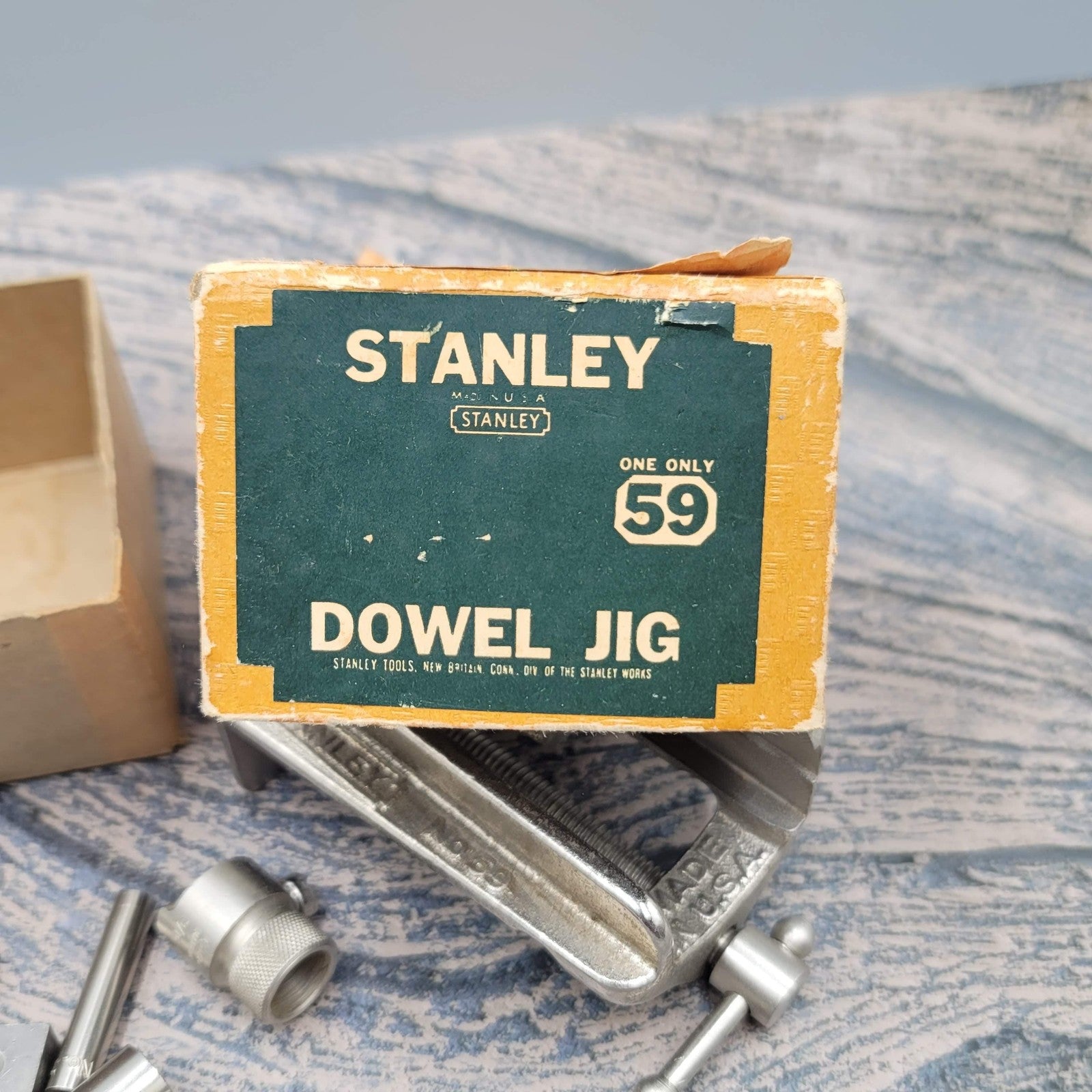 Vintage Stanley 59 Dowel Jig Made in USA Woodworking Bushings Original Box