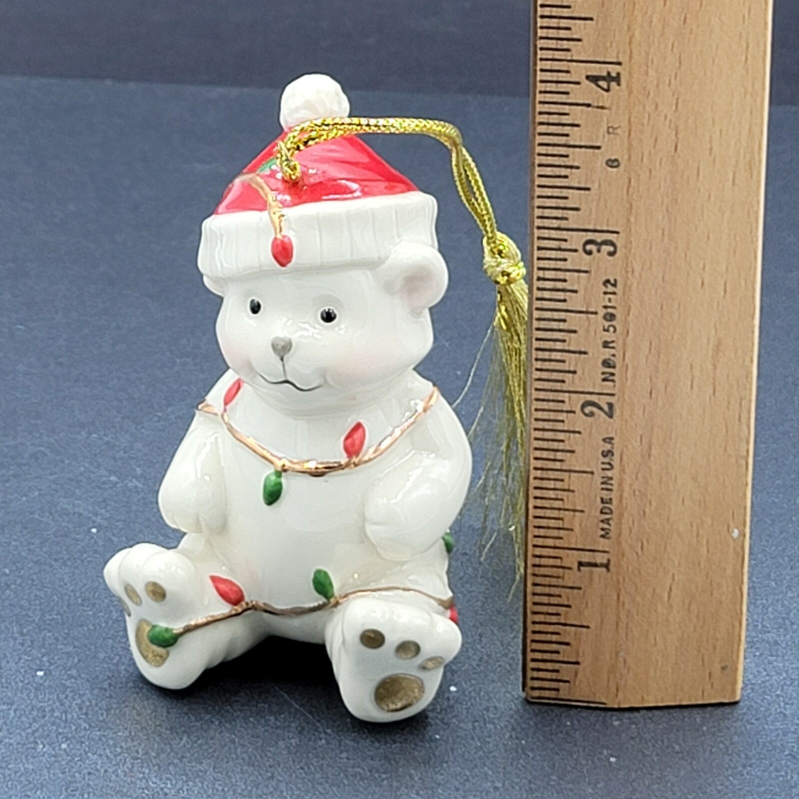 Lenox Porcelain Santa Teddy Bear Ornament Tangled Christmas Lights 3.5" Hanging