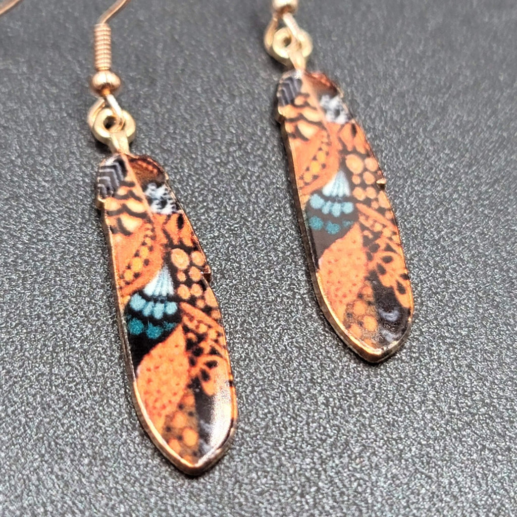 Metal Feather Pierced Earrings Ornage Blue Gold tone Dangle 1.5"