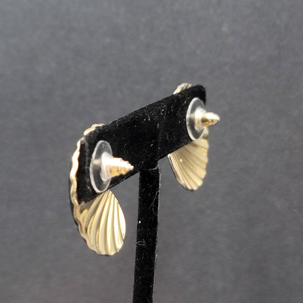Vintage Pierced Earrings Gold tone Green Enamel Shell Design Drop 1"