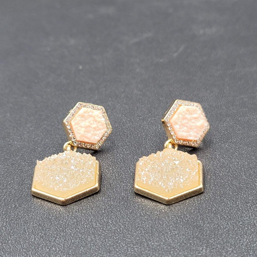 Sugar Fix Pierced Earrings Acrylic Pink Druzy Hexagon Dangle Gold tone 1.5"