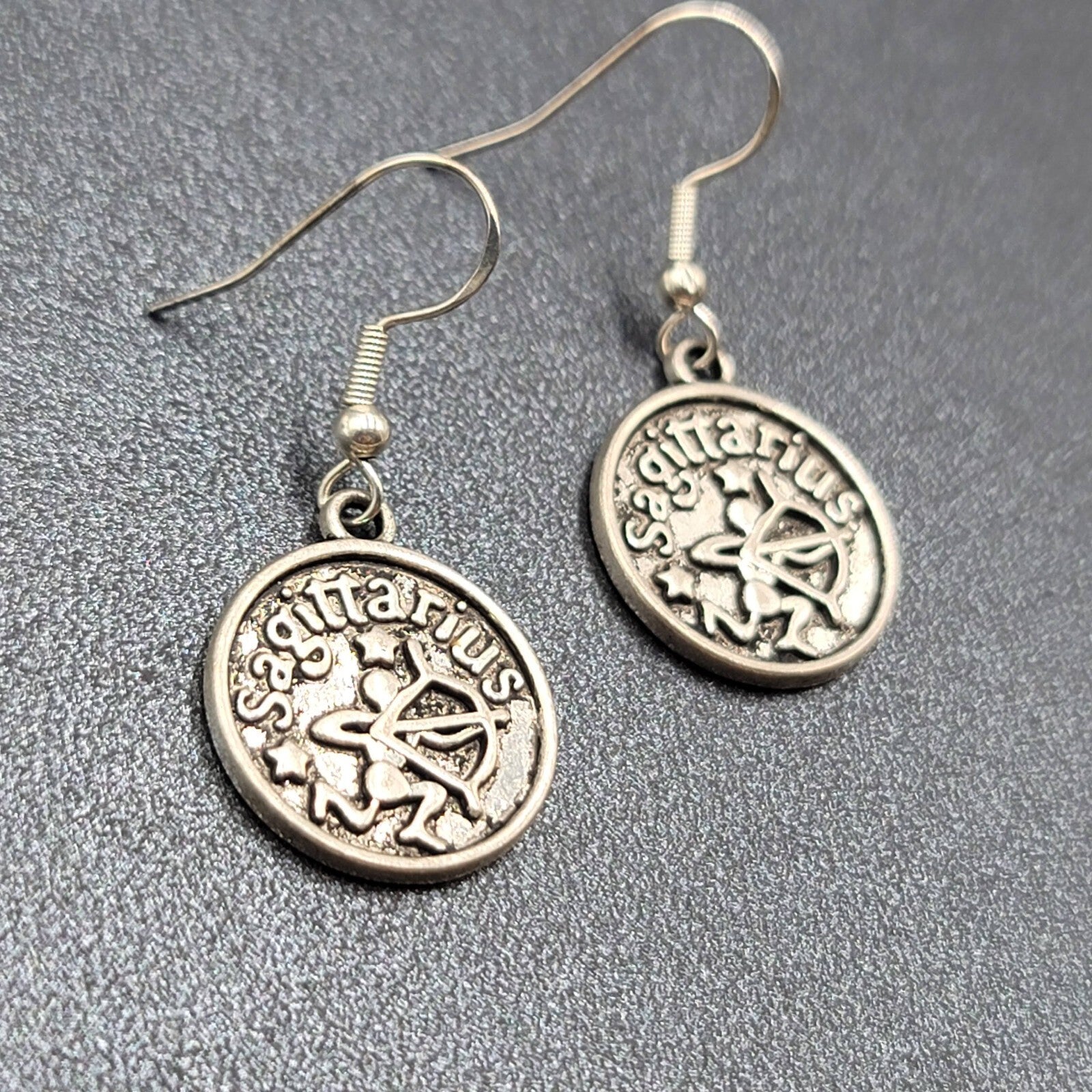Sagittarius Pierced Earrings Silver tone Round Dangle Optimistic 3/4"