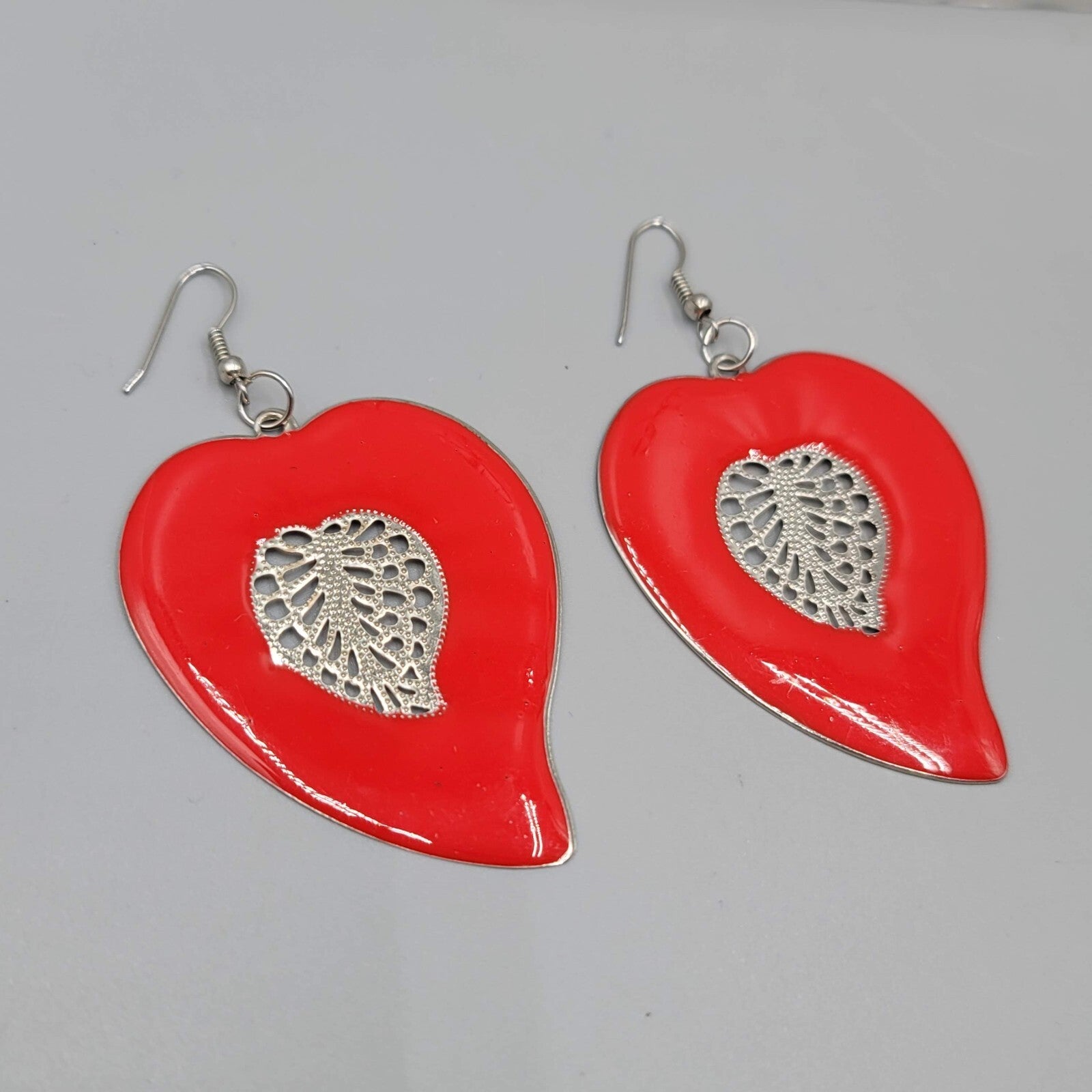 Large Statement Pierced Earrings Red Enamel Silver tone Filigree Dangle 2.25"