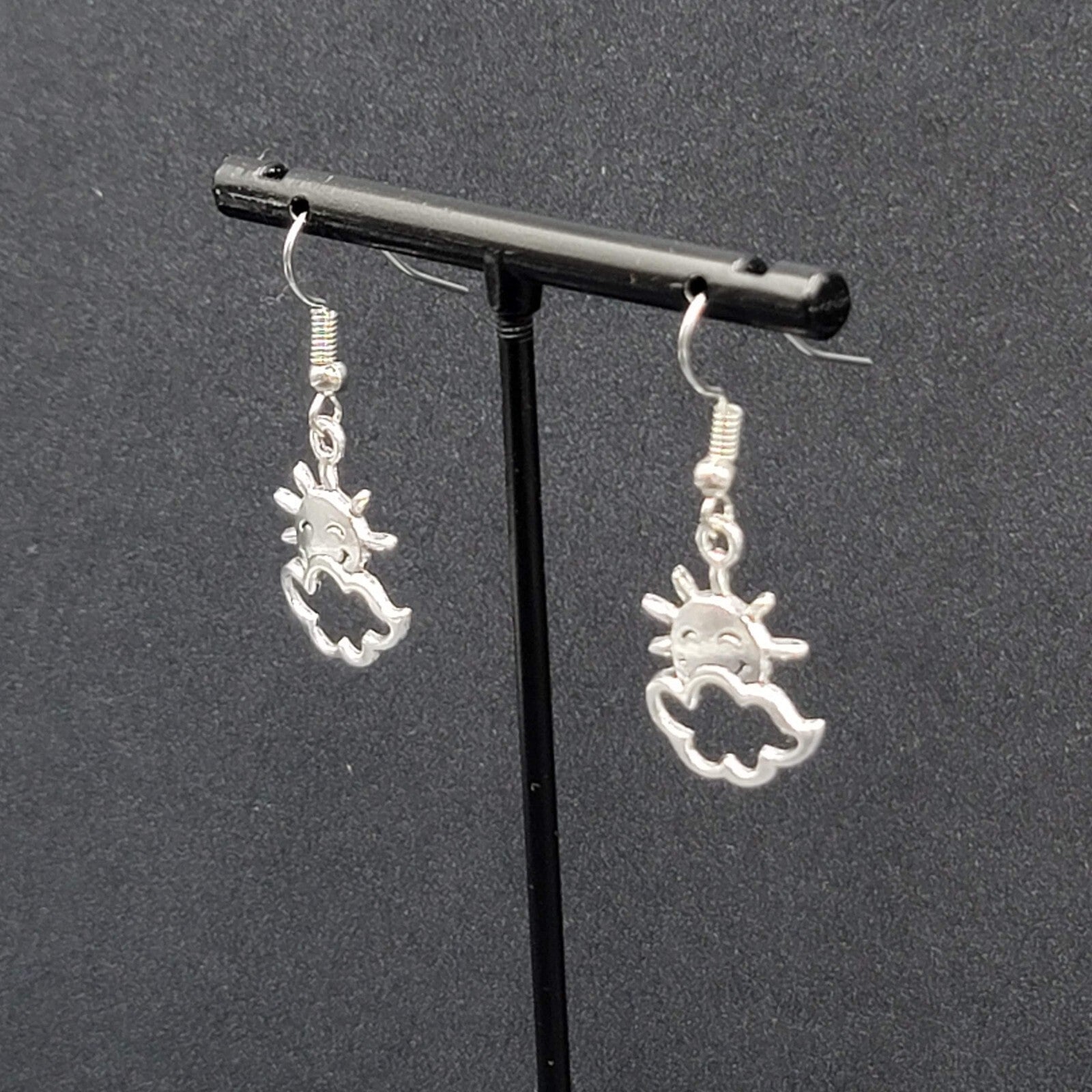 New Happy Sun Clouds Pierced Earrings Silver tone Dangle 3/4"