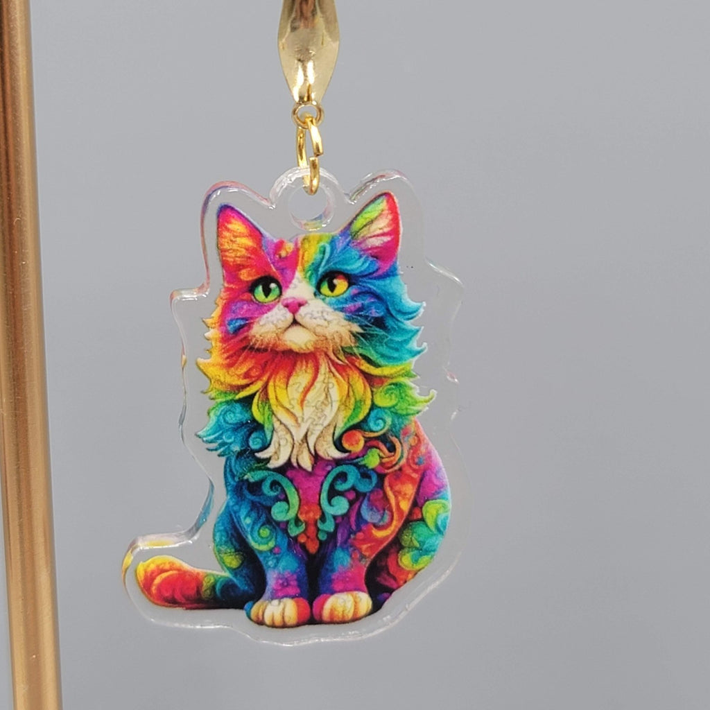 Rainbow Cat Pierced Earrings Multicolor  Acrylic Dangle Gold tone Hook 1.5"