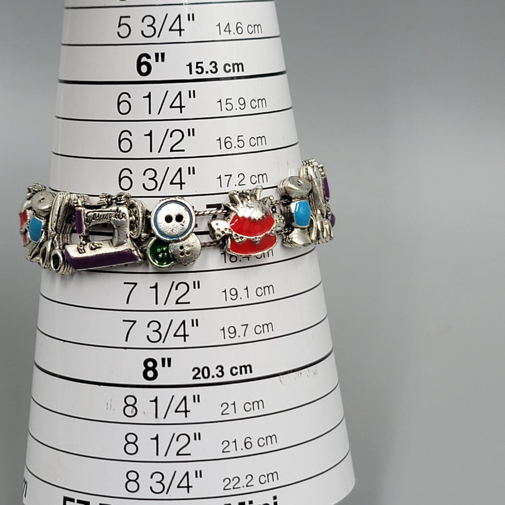 Slide Charm Bracelet Sewing Theme Silver tone Enamel 