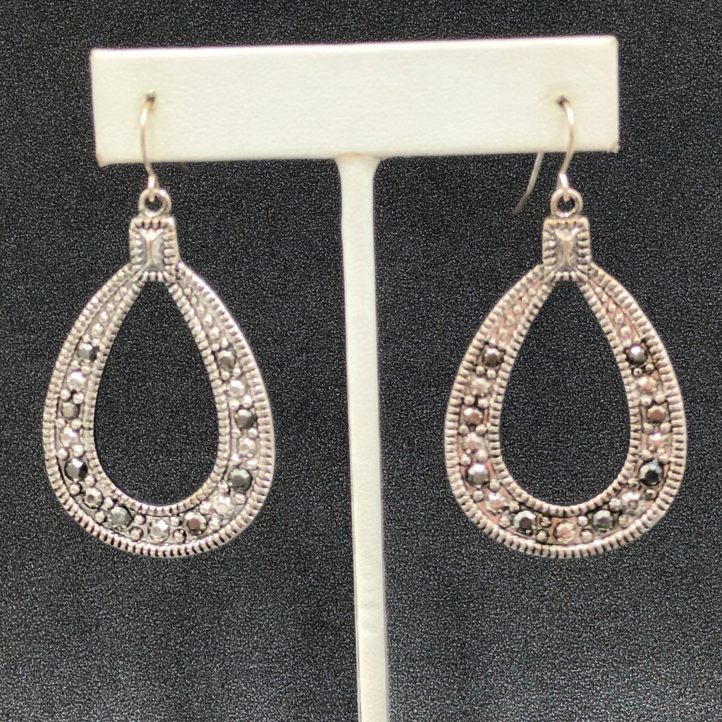 Pierced Earrings Textured Silver tone Open Teardrop Statement Dangle 1 7/8"
