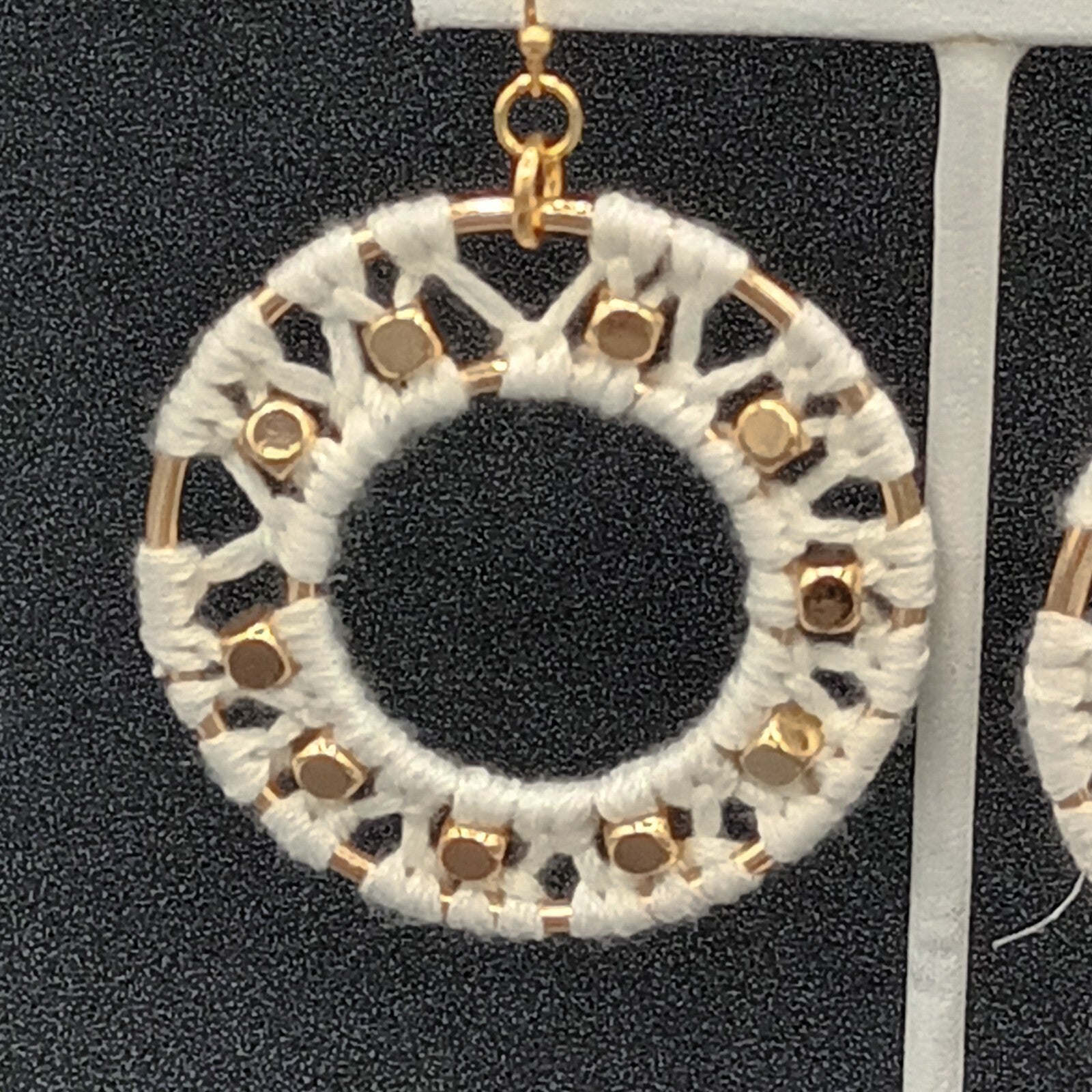 Pierced Earrings Gold tone Dangle Hoops White String Accents  Boho 2"