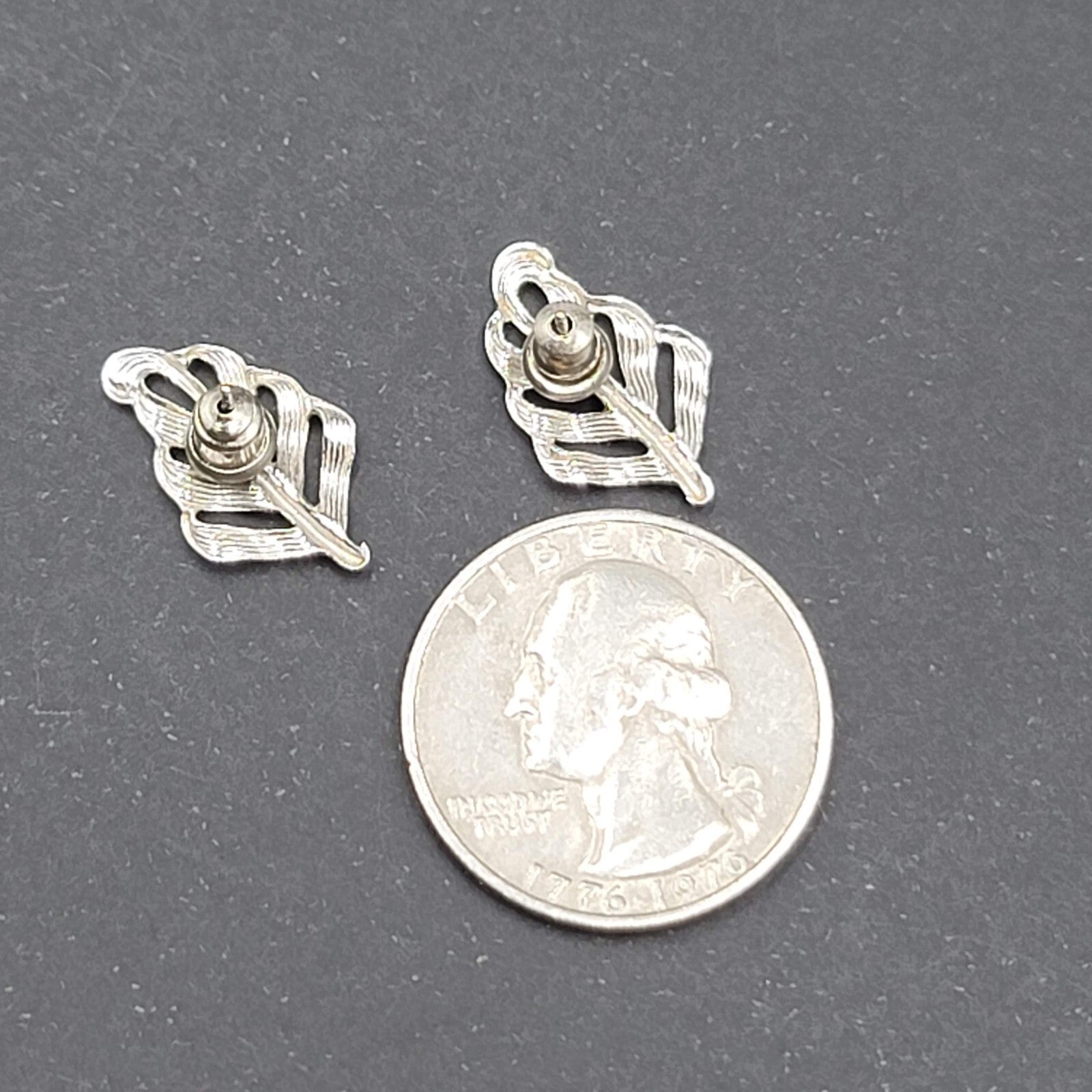 Vintage Pierced Earrings Embossed Leaf Silver Plated Studs 3/4"