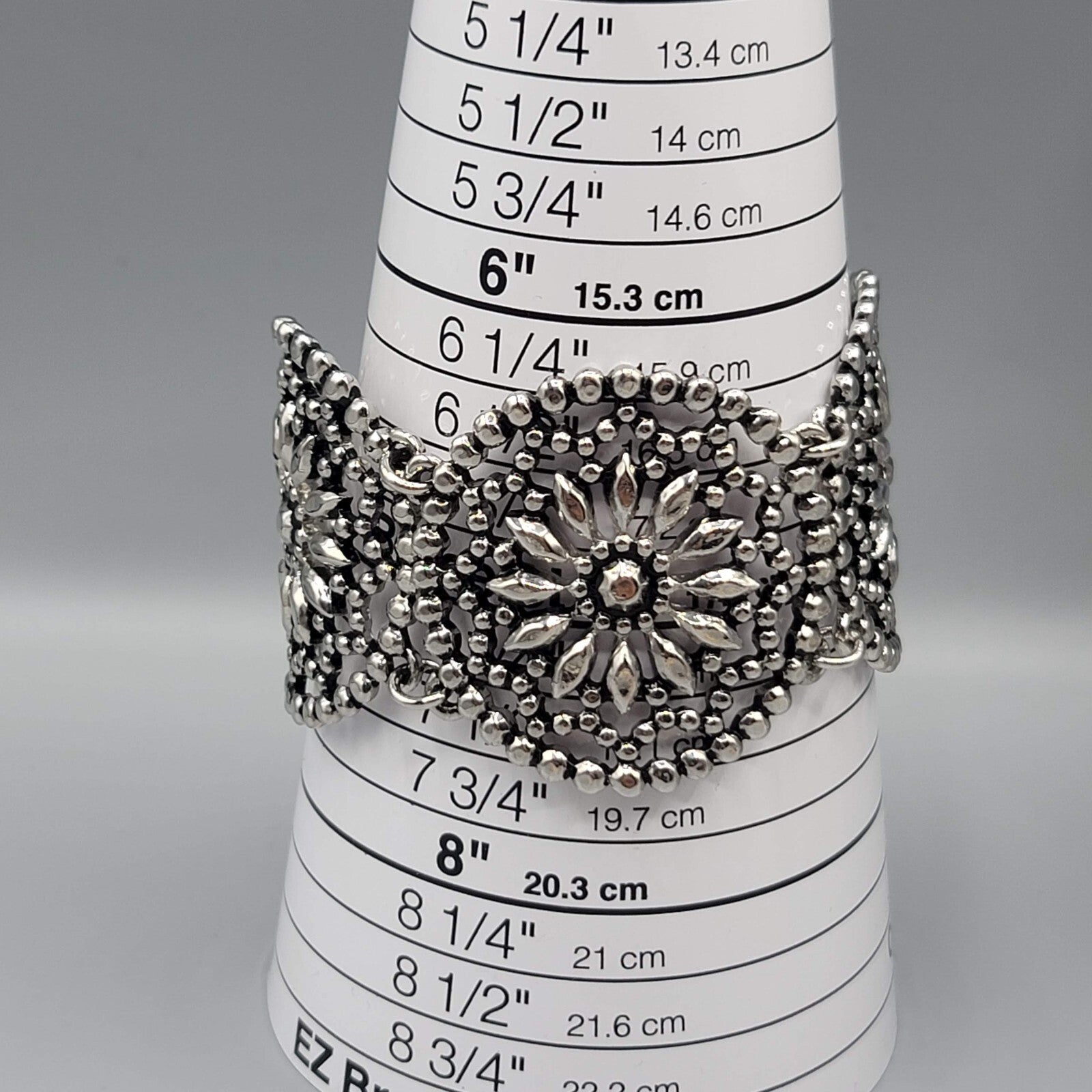 Large Boho Statement Bracelet Dark Silver tone Open Work Toggle 7"