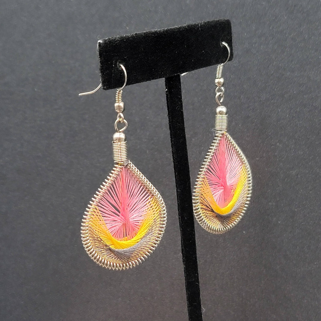 Pierced Earrings Silver tone String Art Yellow Pink Purple Teardrop 2"