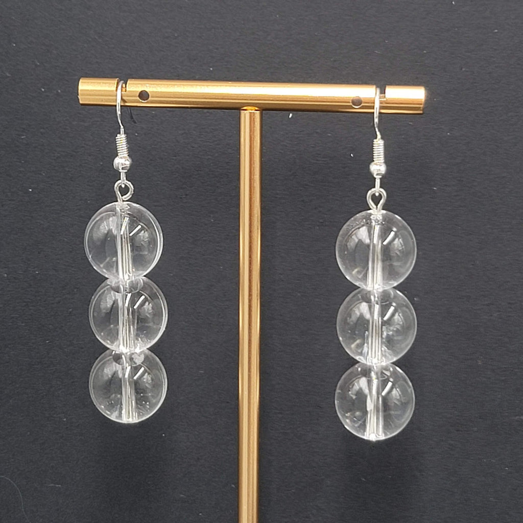 Sphere Glass Bead Dangle Pierced Earrings Silver tone 1.75"