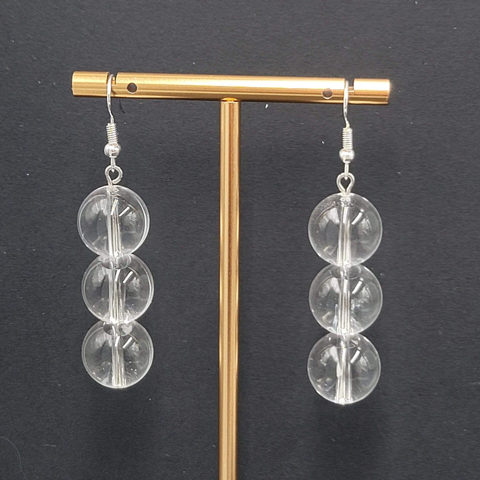 Sphere Glass Bead Dangle Pierced Earrings Silver tone 1.75"