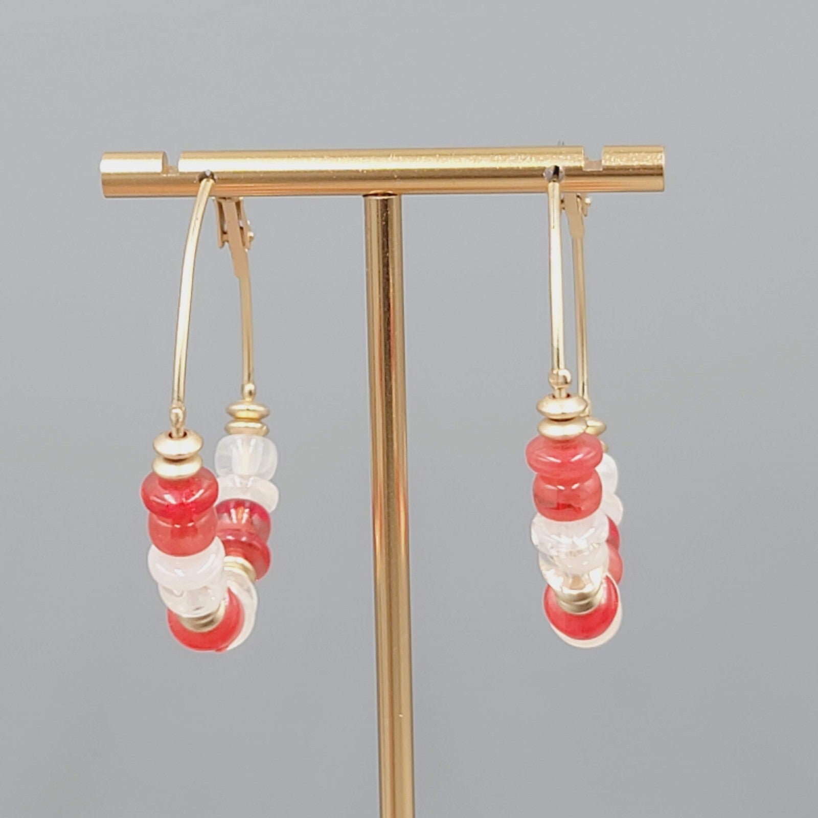 Red White Bead Pierced Earrings Gold tone Hoops 2"
