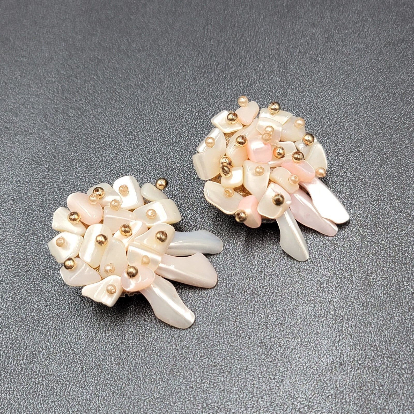 Vintage Clip on Earrings Large Statement Shell Climber Cluster Beads 1.75"