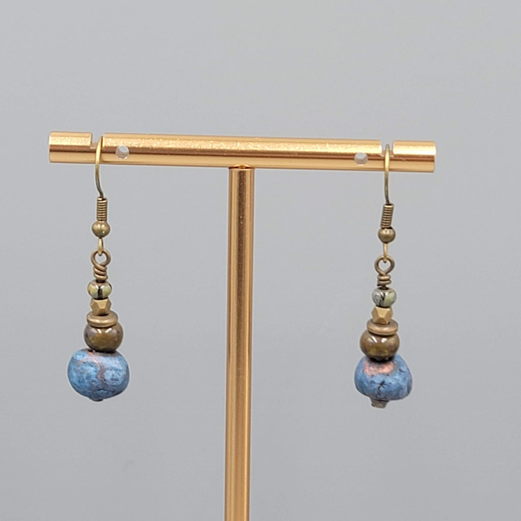 Blue and Green Beads Pierced Earrings Bronze tone Dangle 1"