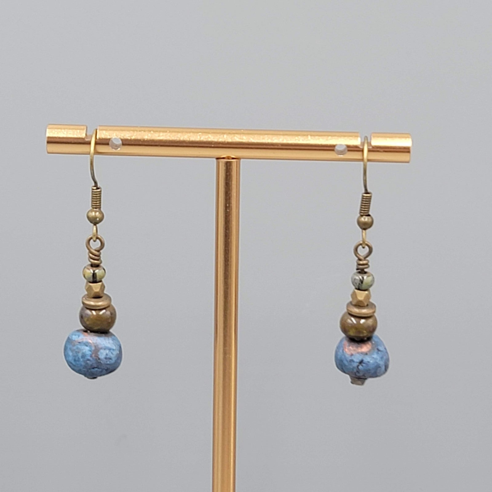 Blue and Green Beads Pierced Earrings Bronze tone Dangle 1"