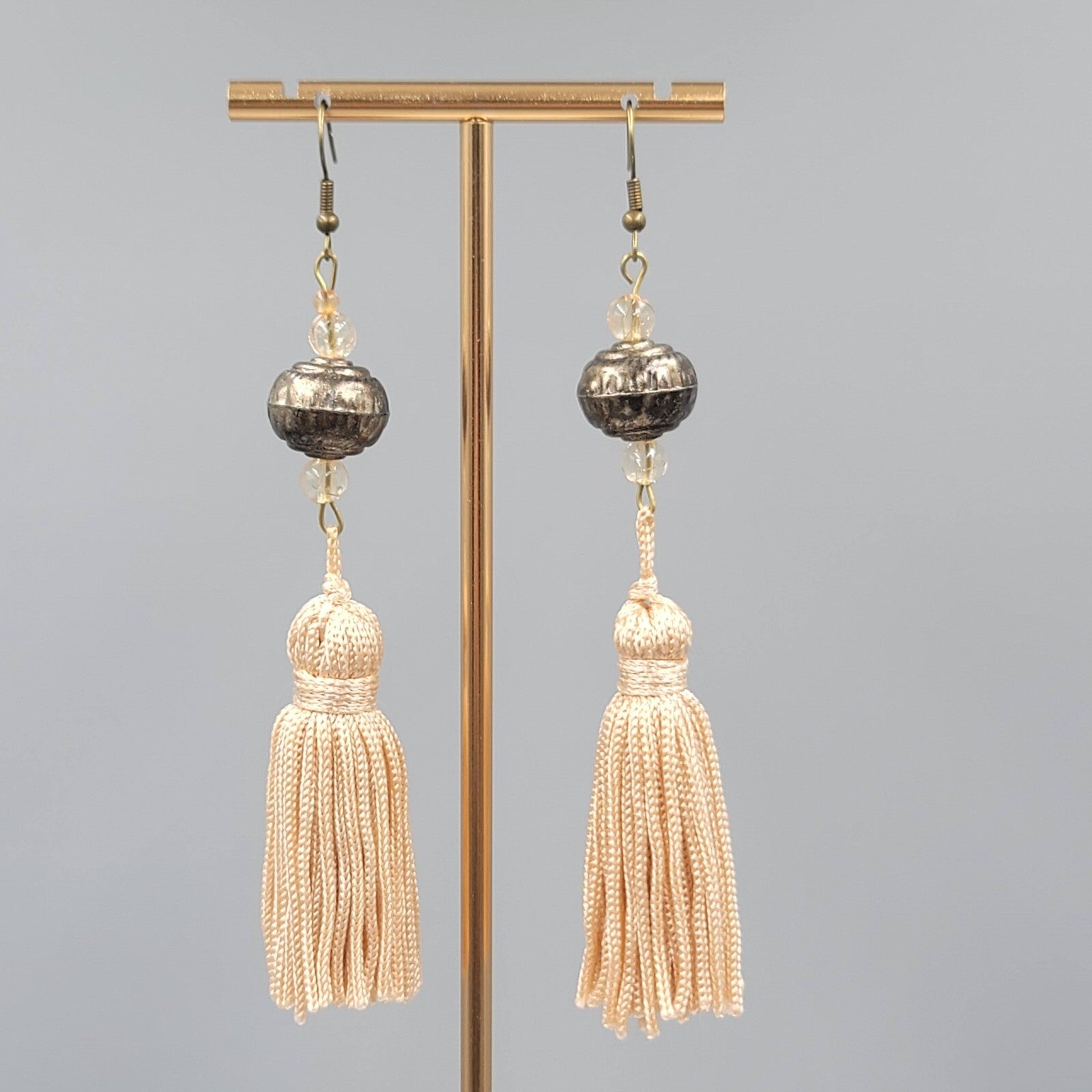 LONG Tassel Pierced Earrings Bronze tone Metal Beads Dangle 3.5"