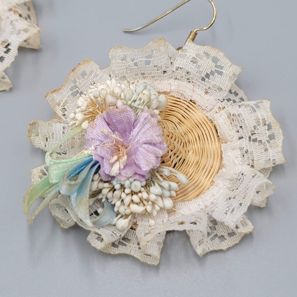Vintage Wicker Bonnet Pierced Earrings Dangle 1980s 2"