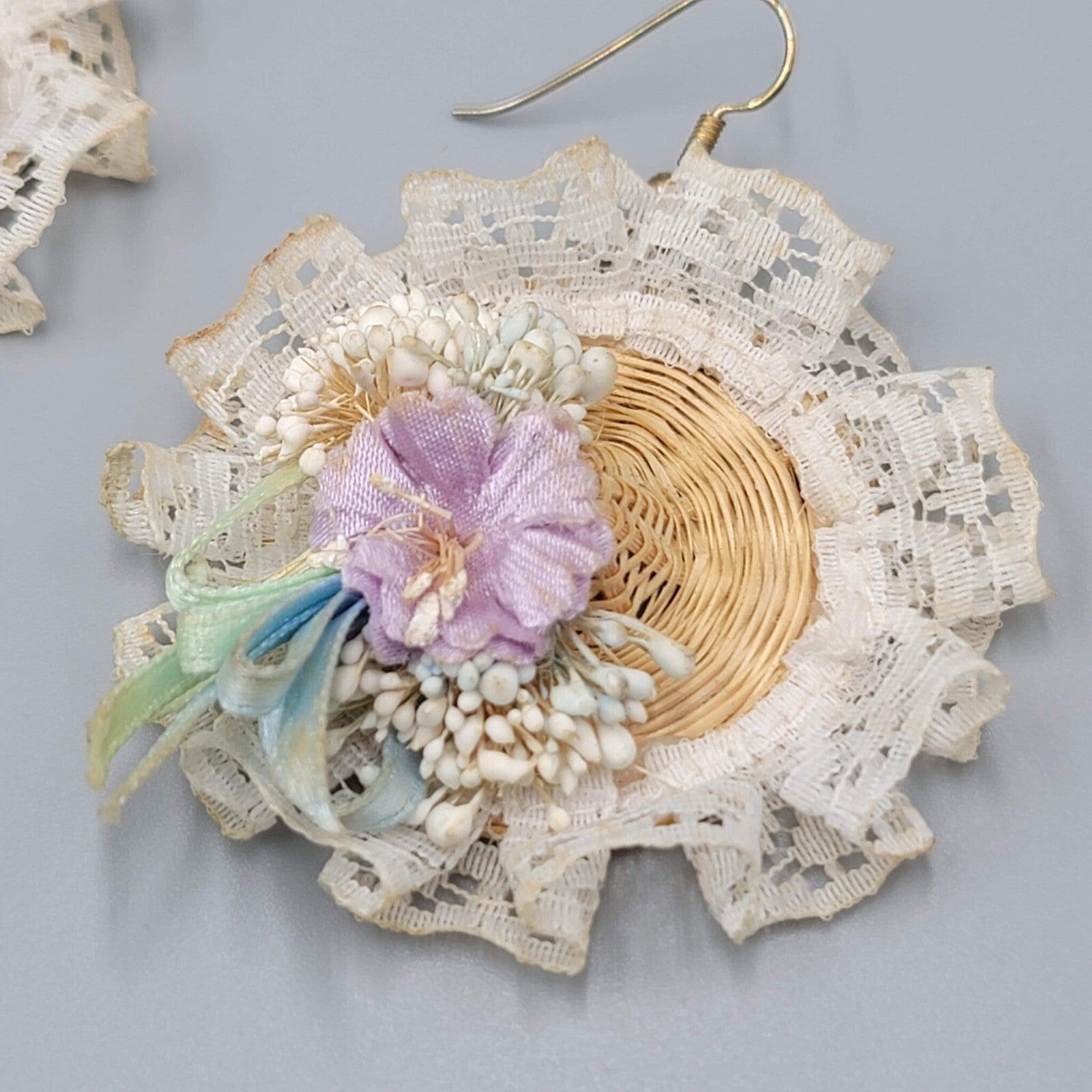 Vintage Wicker Bonnet Pierced Earrings Dangle 1980s 2"