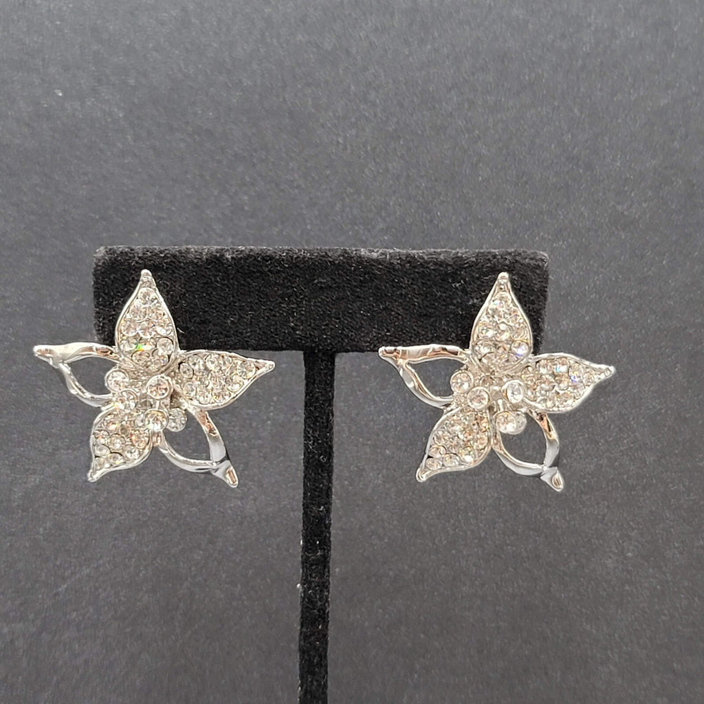 Pierced Earrings Silver Plated Crystal Rhinestone Drop Flower Signed 1 3/8"