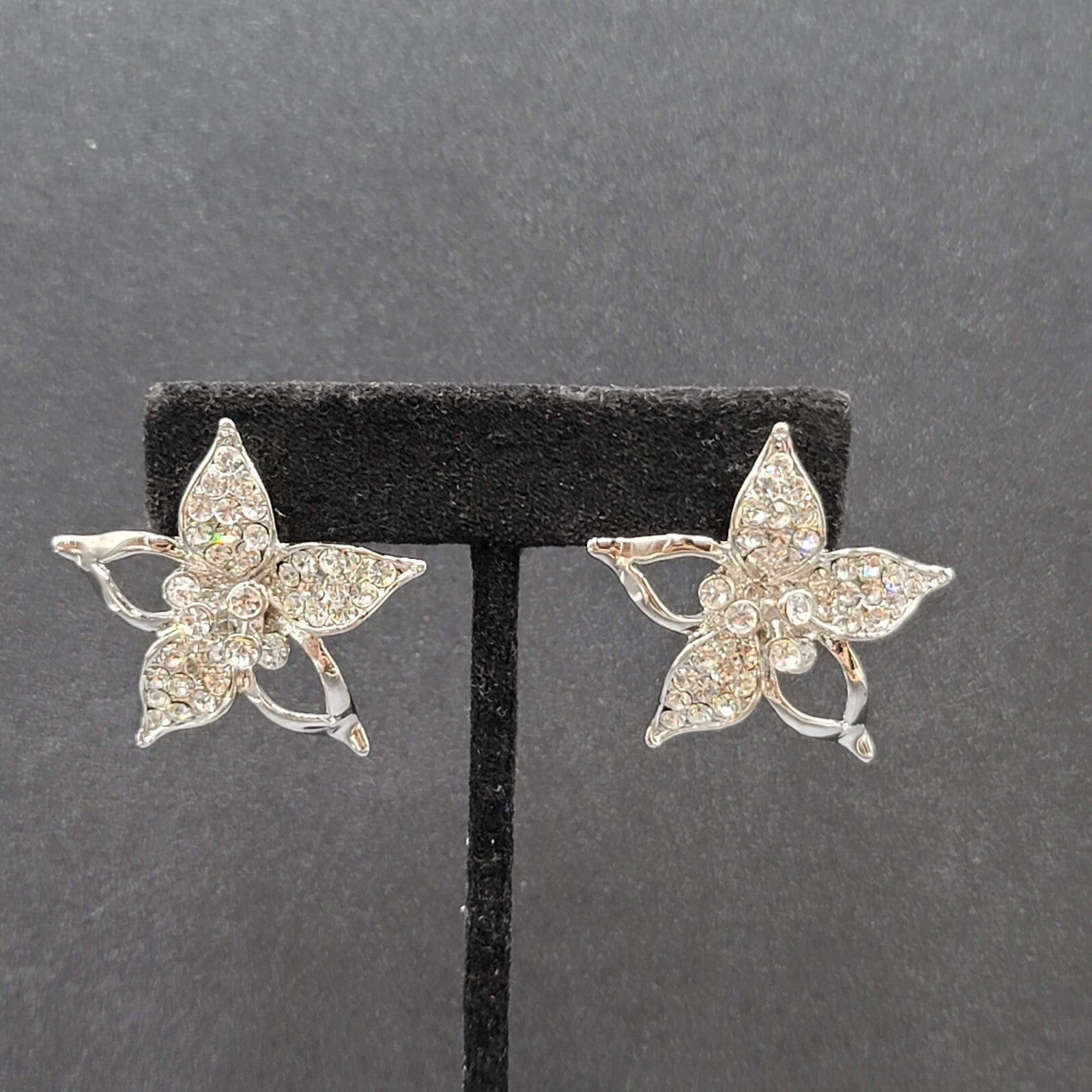 Pierced Earrings Silver Plated Crystal Rhinestone Drop Flower Signed 1 3/8"