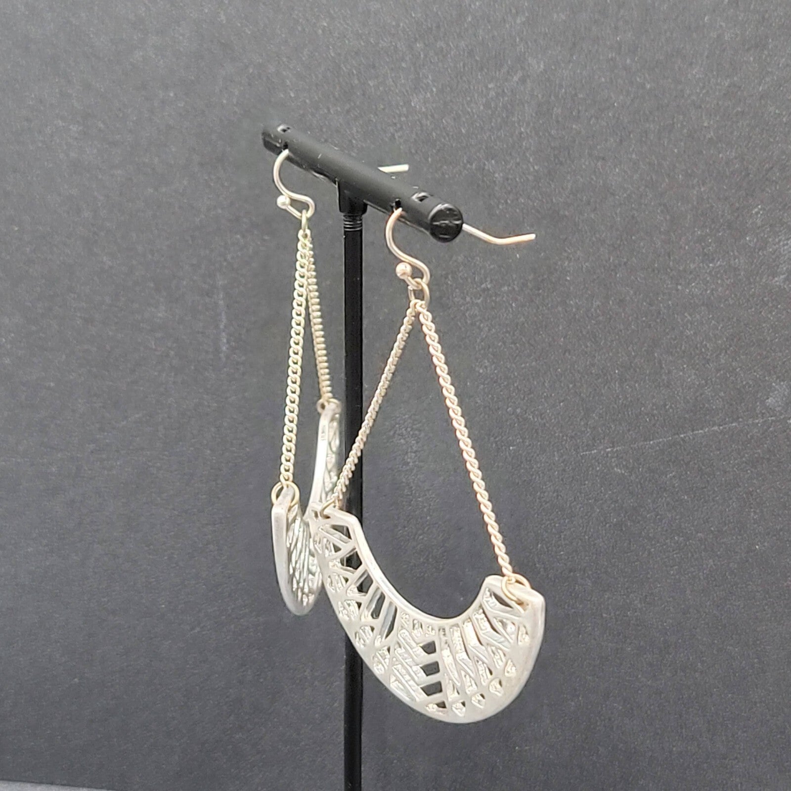 Pierced Earrings Silver tone Dangle Chains Statement 2.5"