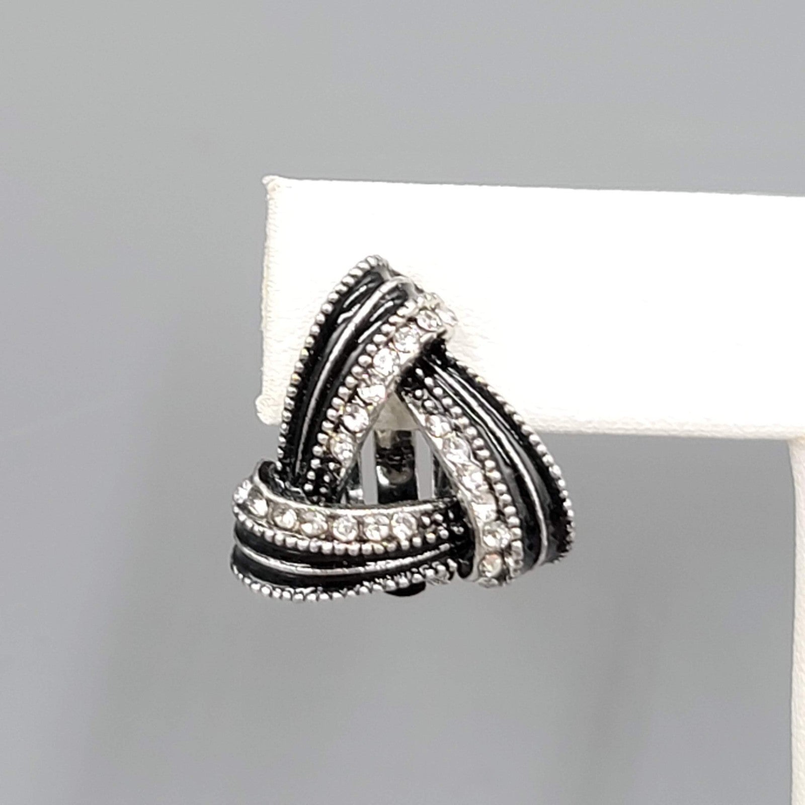 Black Enamel Open Triangle Rhinestone Clip on Earrings Silver tone 3/4"