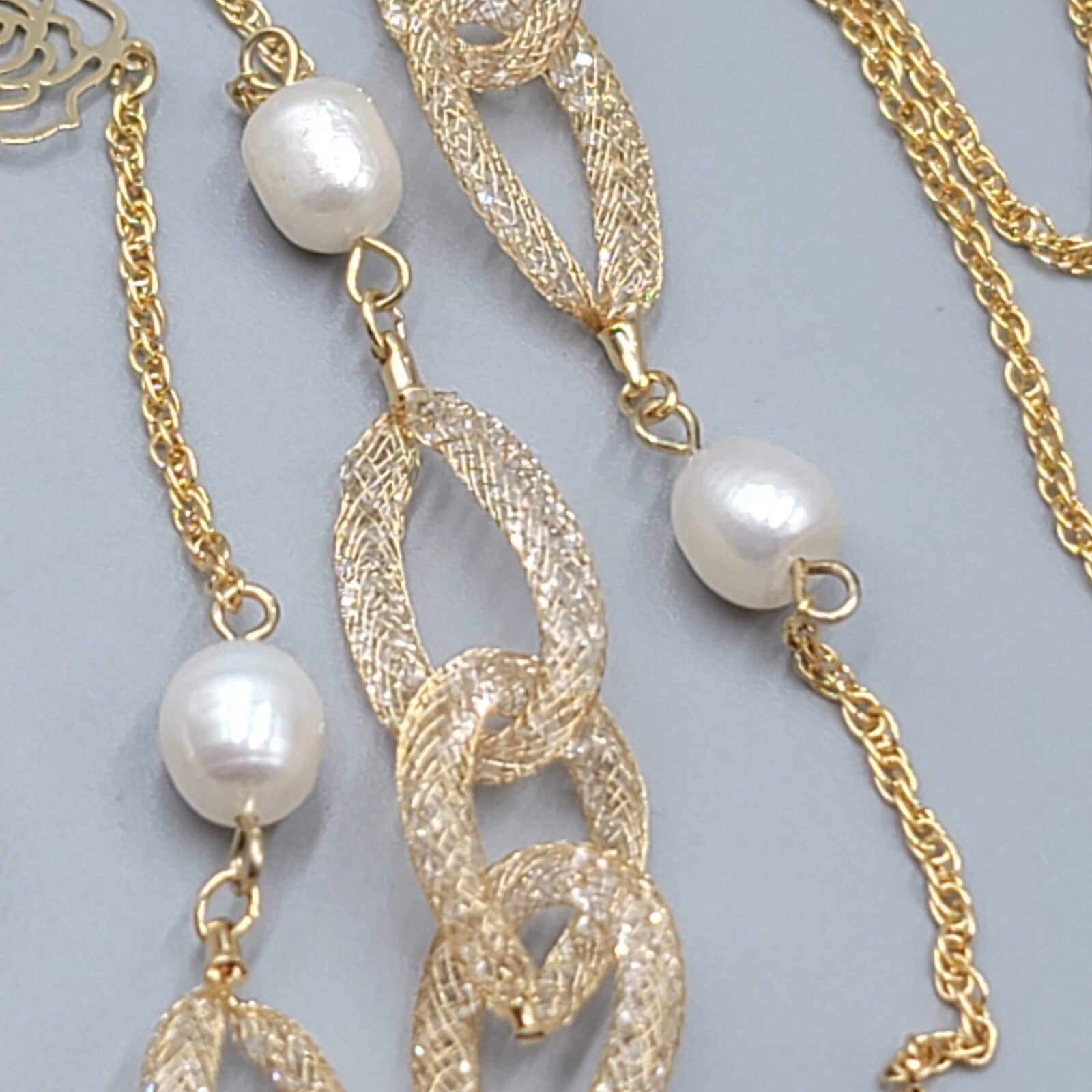 Long Dainty Pearl Necklace Gold Plated Mesh Clover Station 40"-42"