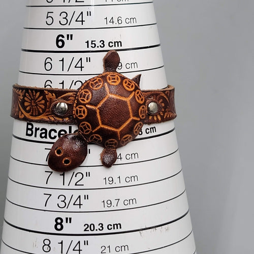 Brown Leather Sea Turtle Bracelet Engraved Snap Closure Small