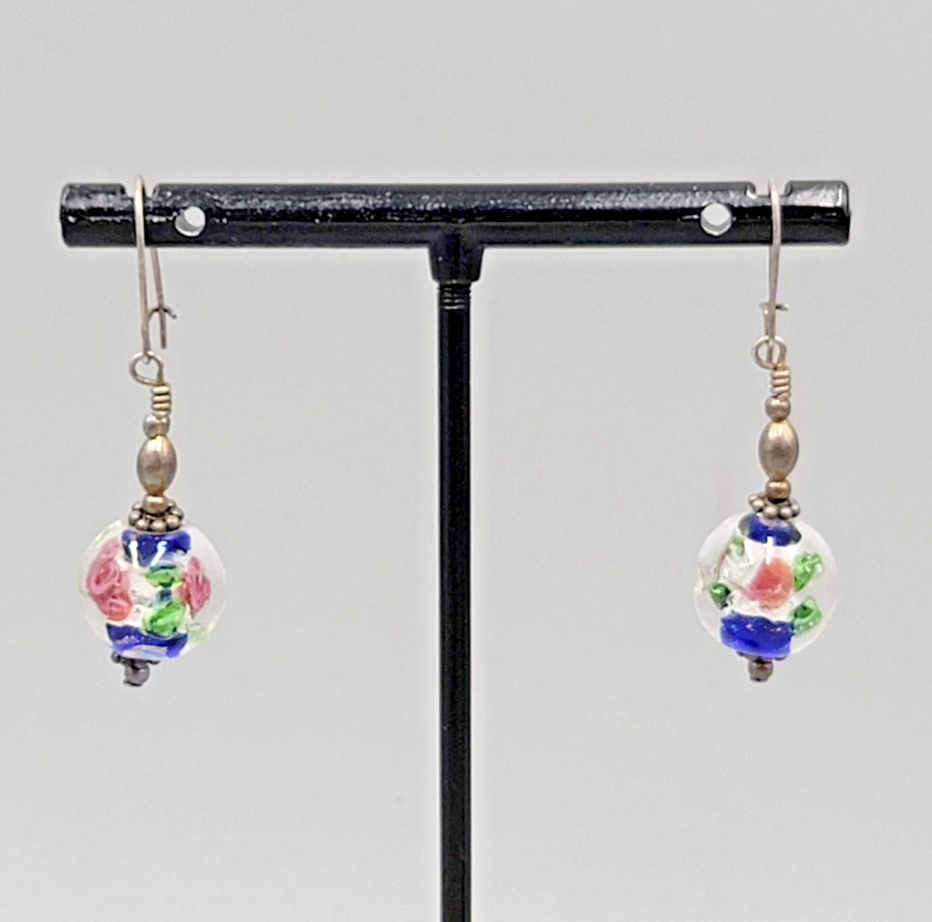 Art Glass Flower Pierced Earrings Silver tone Dangle 1"