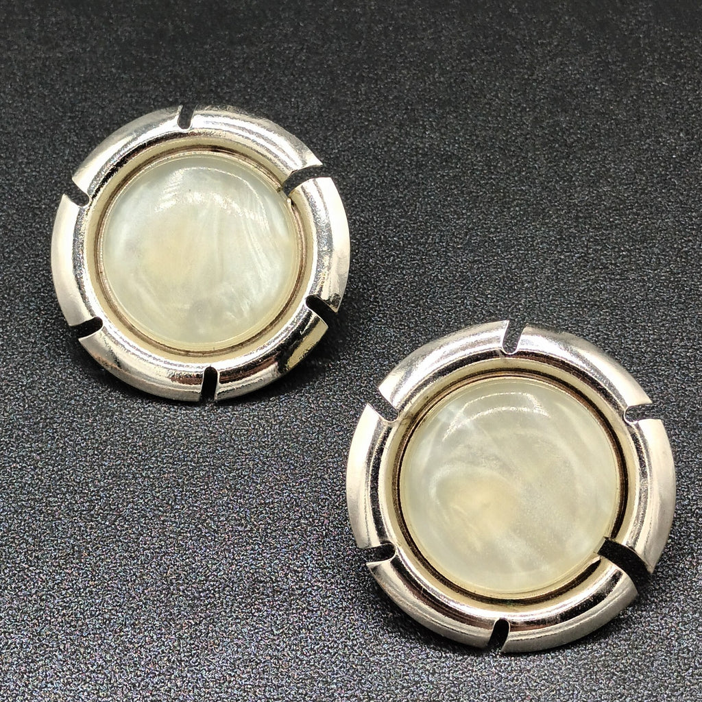 Vintage Sarah Cov Clip on Earrings Silver Tone Lucite Center Large Round 1.5"