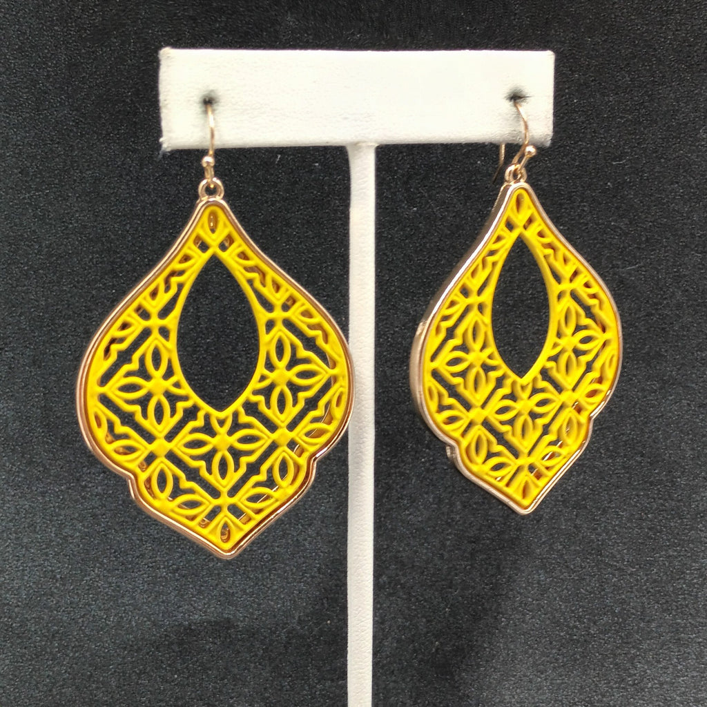 Pierced Earrings Gold tone Yellow Open work Statement Dangle 2 3/8"